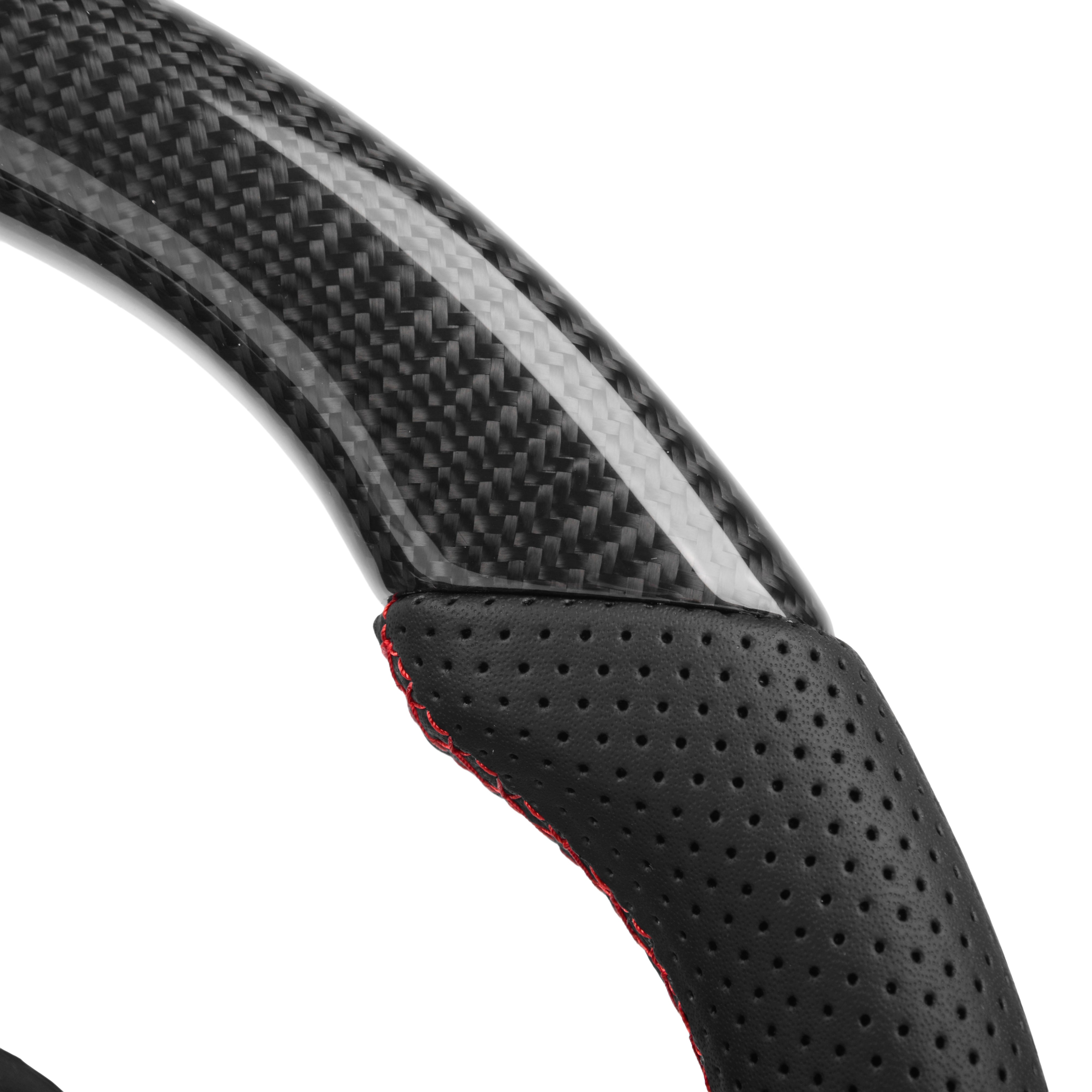 Auto Addict USA carbon fiber steering wheel core close up showing high-gloss carbon weave and premium craftsmanship for Dodge Challenger