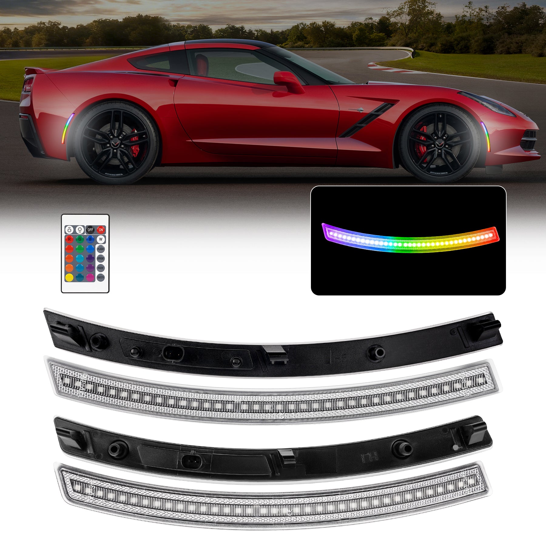 Red sports car on a track with LED strip lights and remote control displayed below.