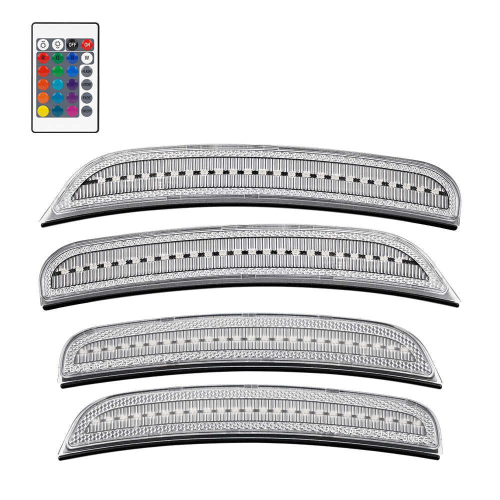 Set of four curved LED strips with a remote control displaying color options on a white background.