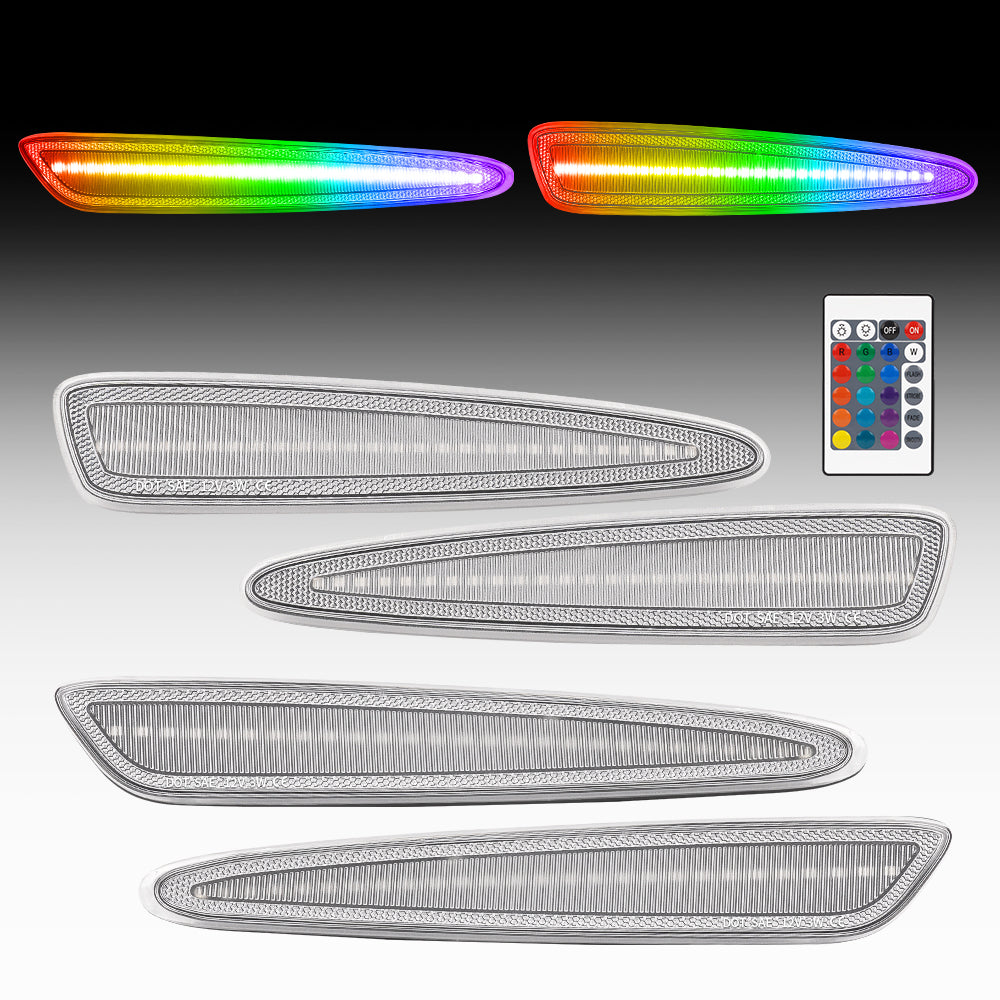 Set of LED car lights with remote control on a gray background