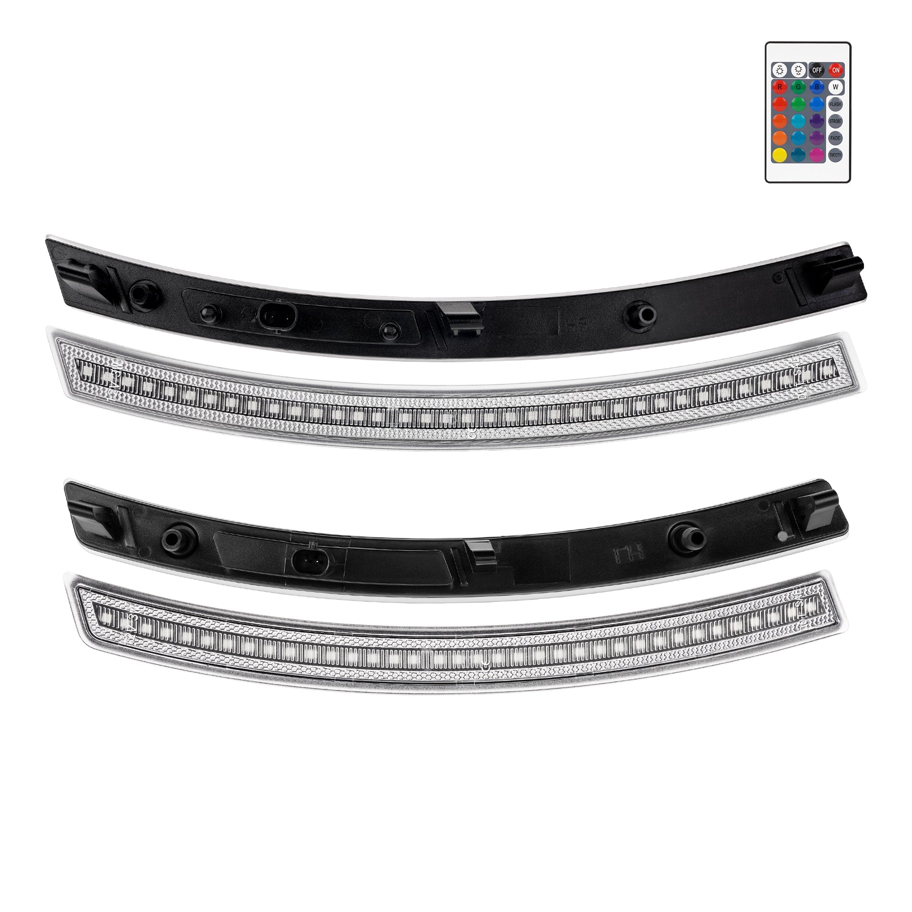 Set of LED strip lights with remote control on a white background