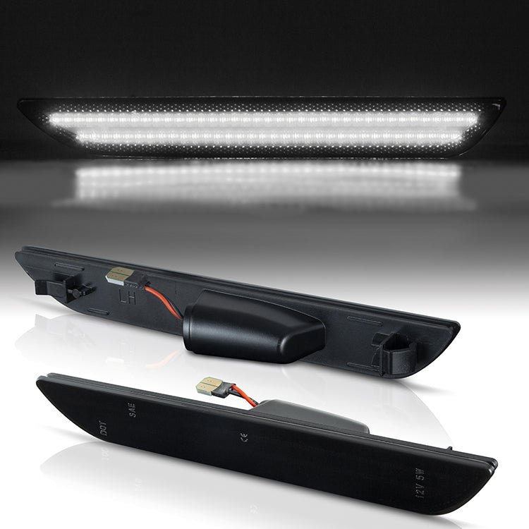 Car LED license plate light assembly on a reflective surface with a black background