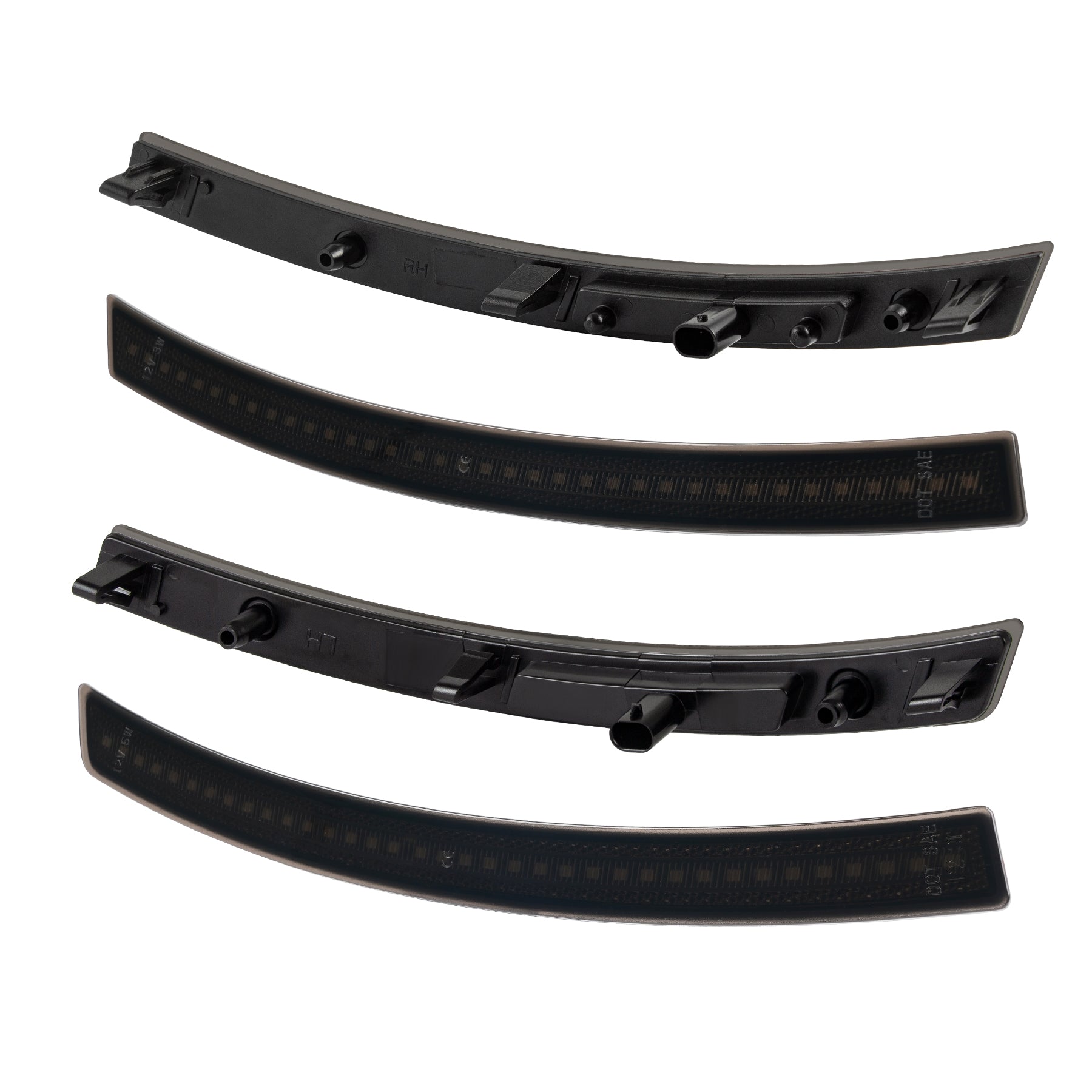 Set of five black curved plastic parts on a white background