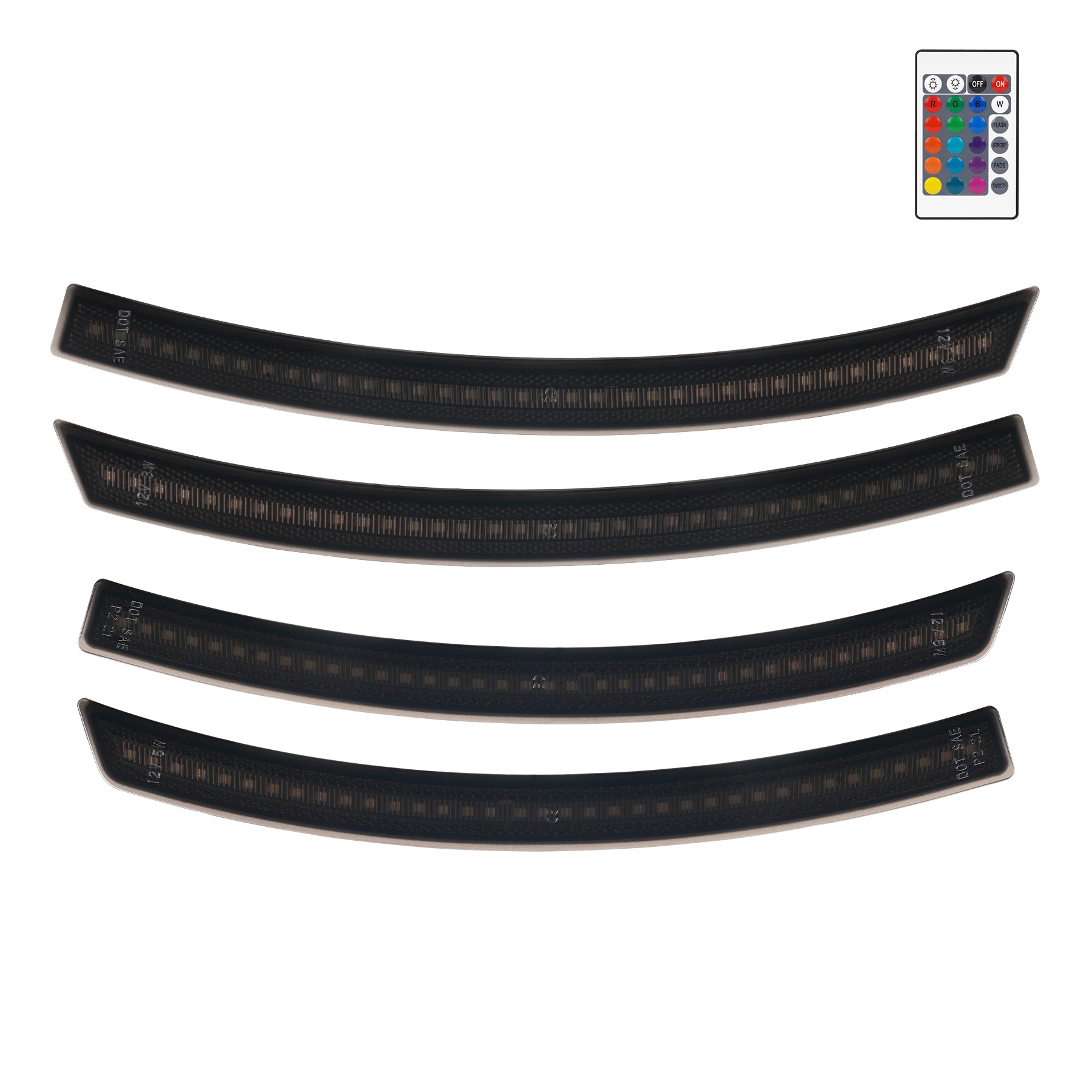 Set of four curved LED strips with a remote control on a white background