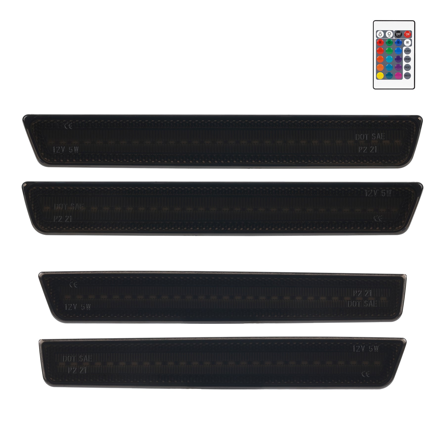 Set of five black LED door sill plates with remote control on a white background