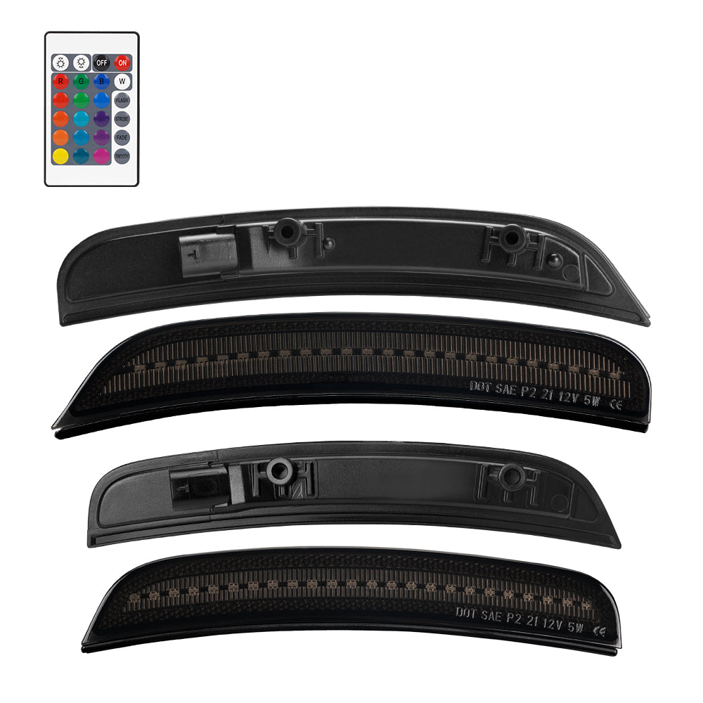 Set of four black car LED lights with a remote control on a white background