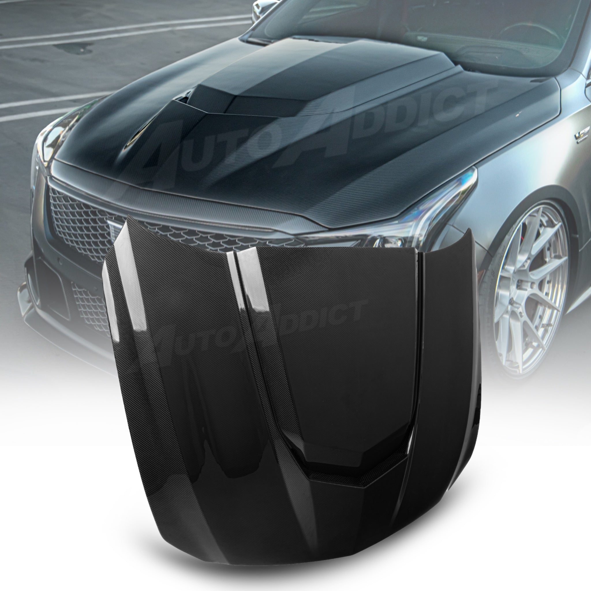 Installed Auto Addict USA Heritage Spec Hood on Cadillac CT5-V Blackwing front view