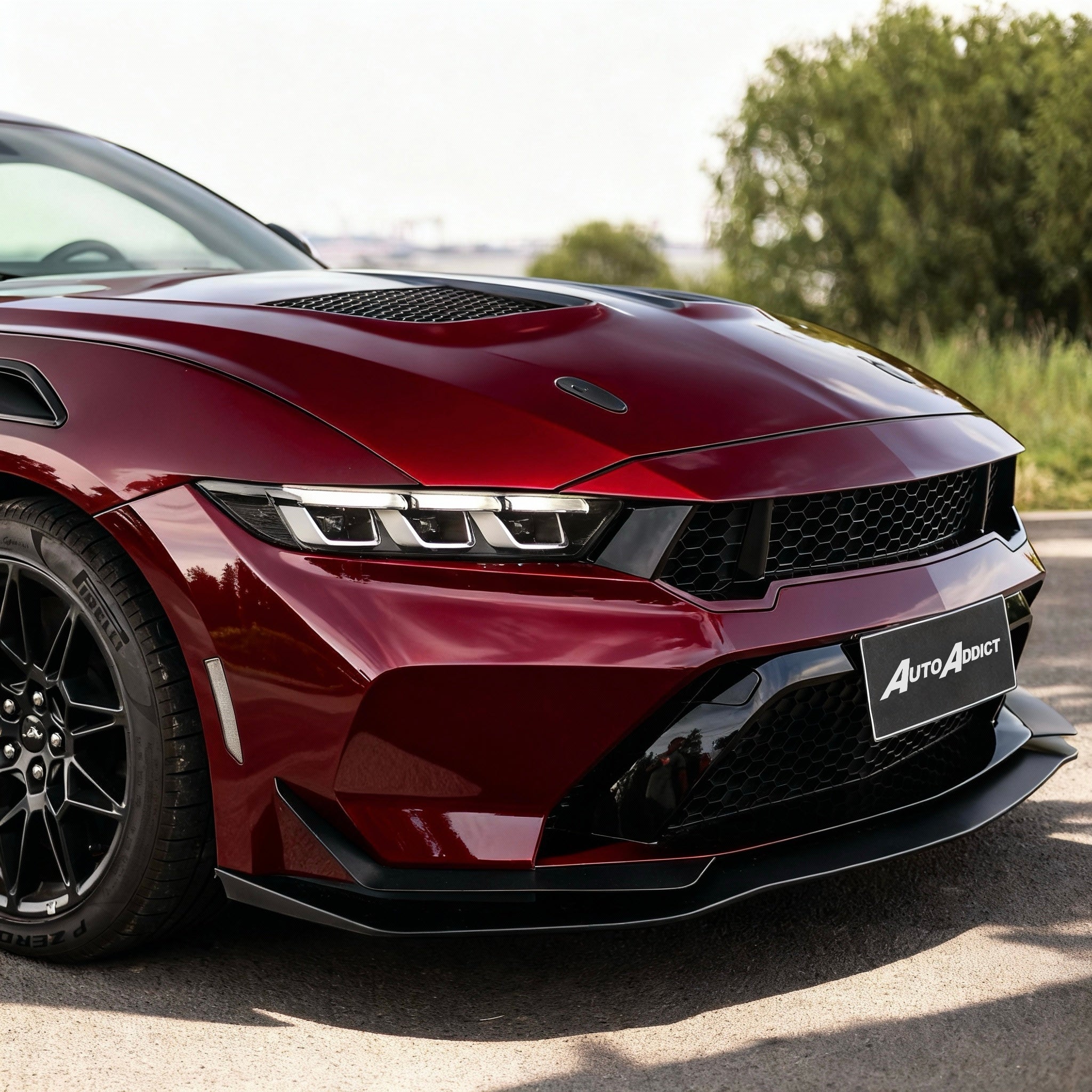 Red sports car with 'Auto Addict' branding on a road with blurred greenery in the background