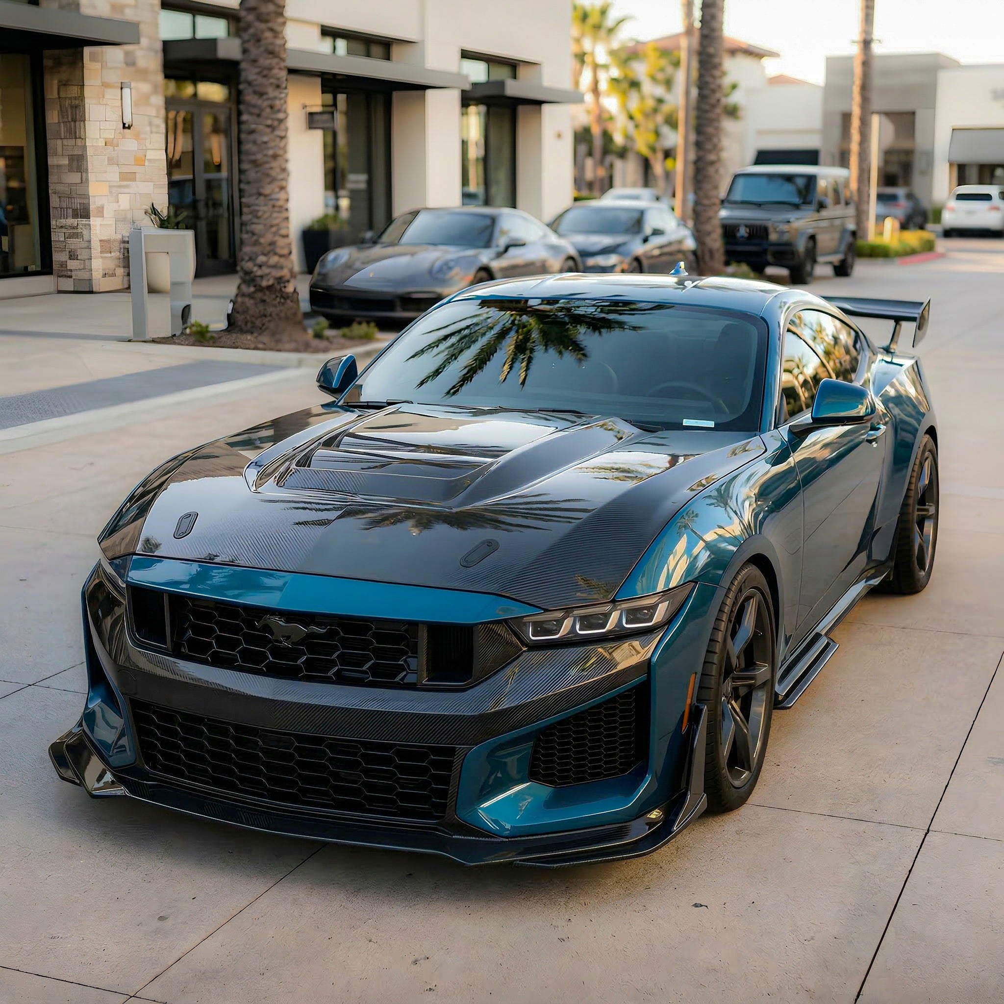 Mustang S650 Heritage SC V-Shaped carbon fiber front bumper with ABS grille and canards pair