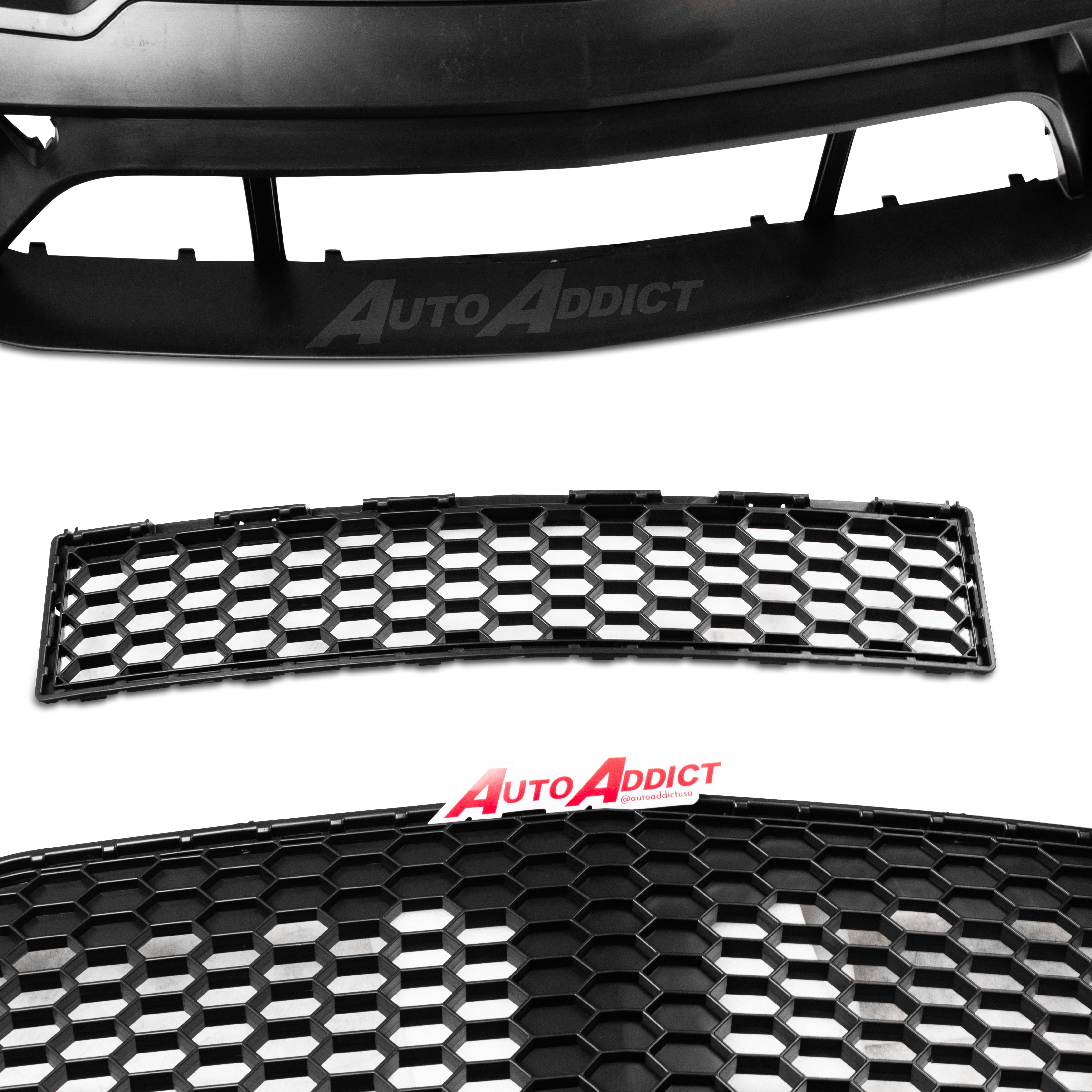 Car grille with honeycomb pattern and 'AutoAddict' branding on a white background