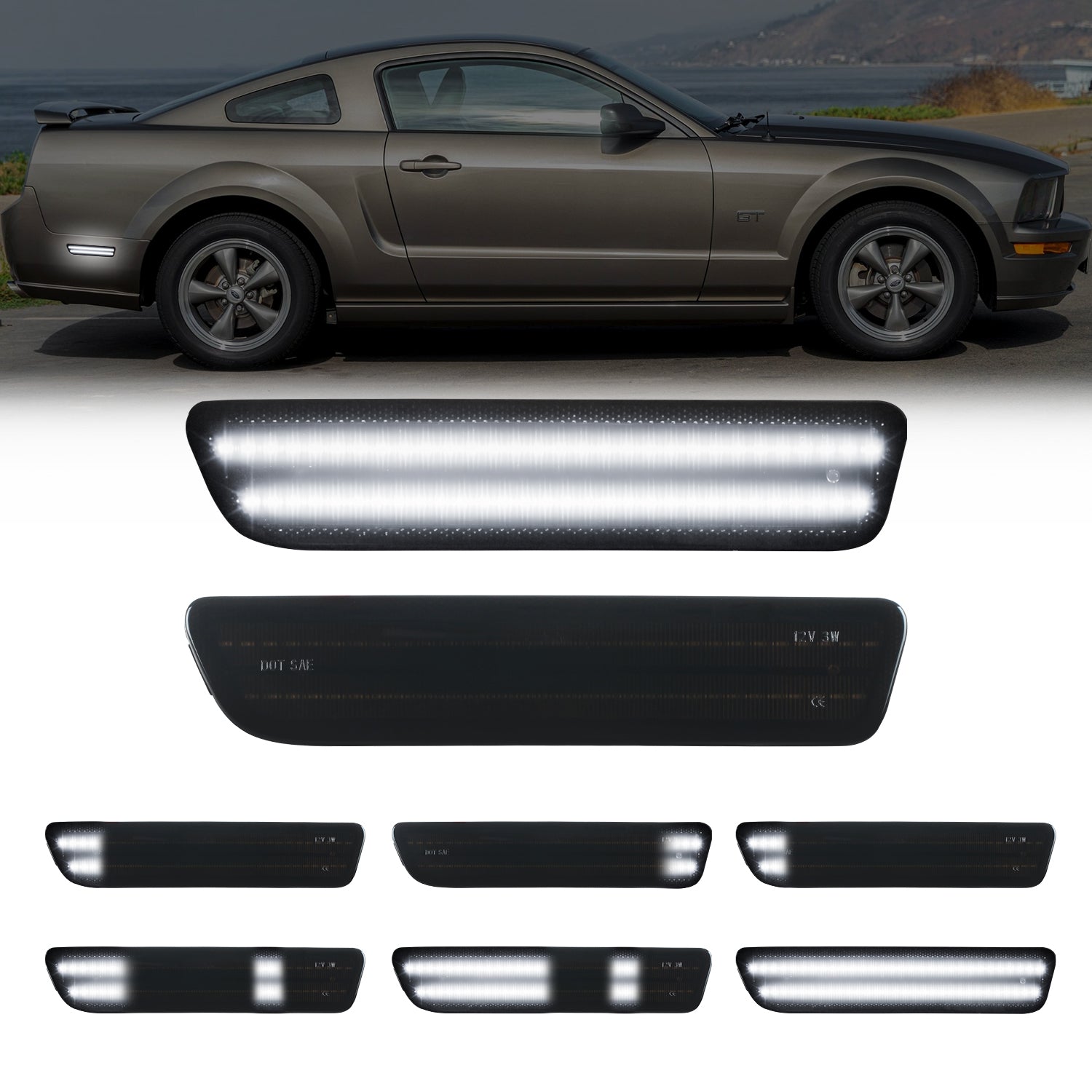 2005-2009 Ford Mustang Smoke Lens White Dynamic Animation LED Side Markers