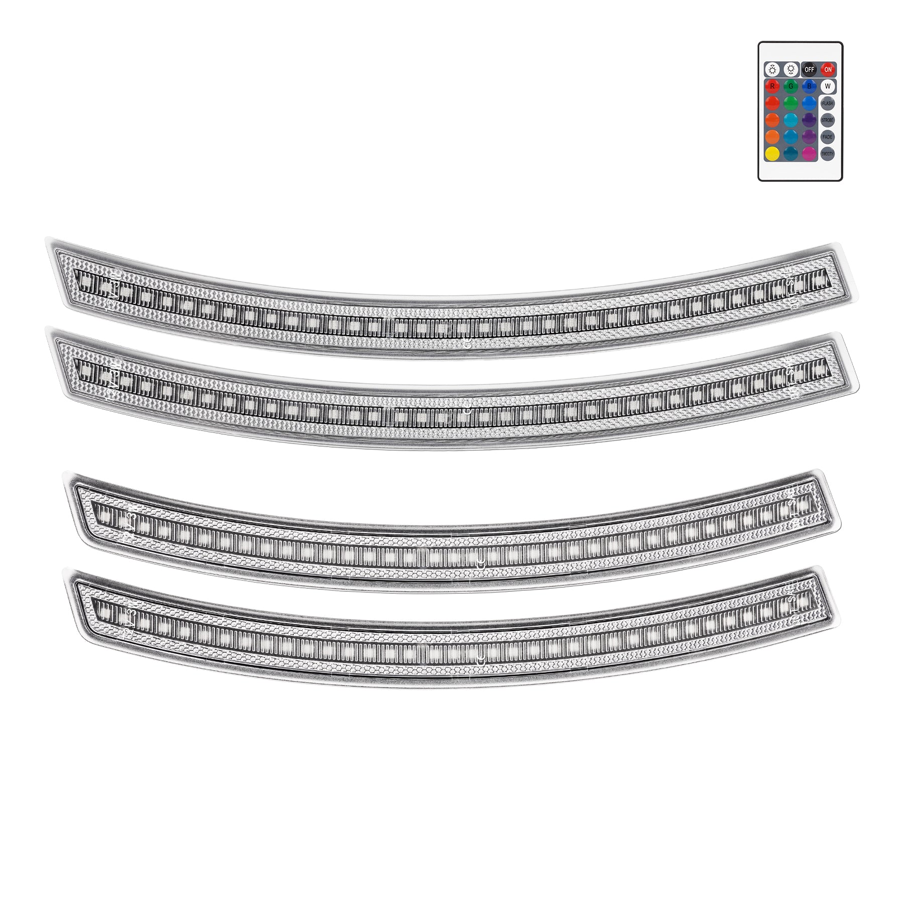 Set of four curved LED light strips with a remote control on a white background