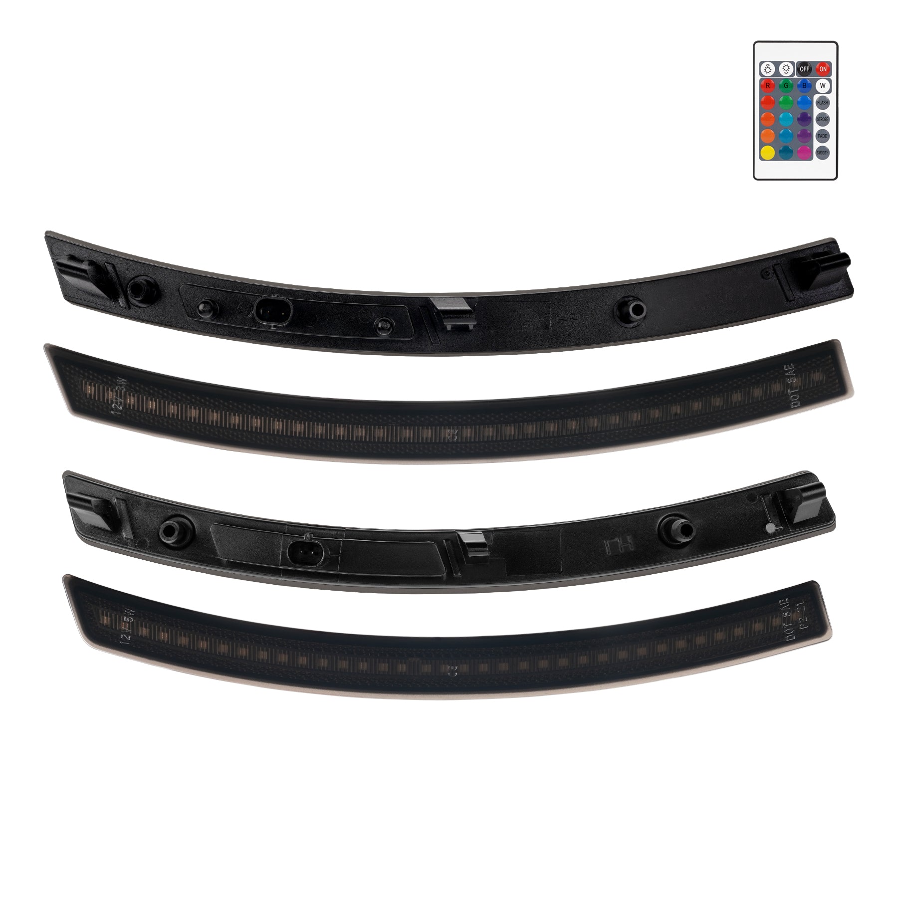 Set of four curved LED light strips with a remote control on a white background