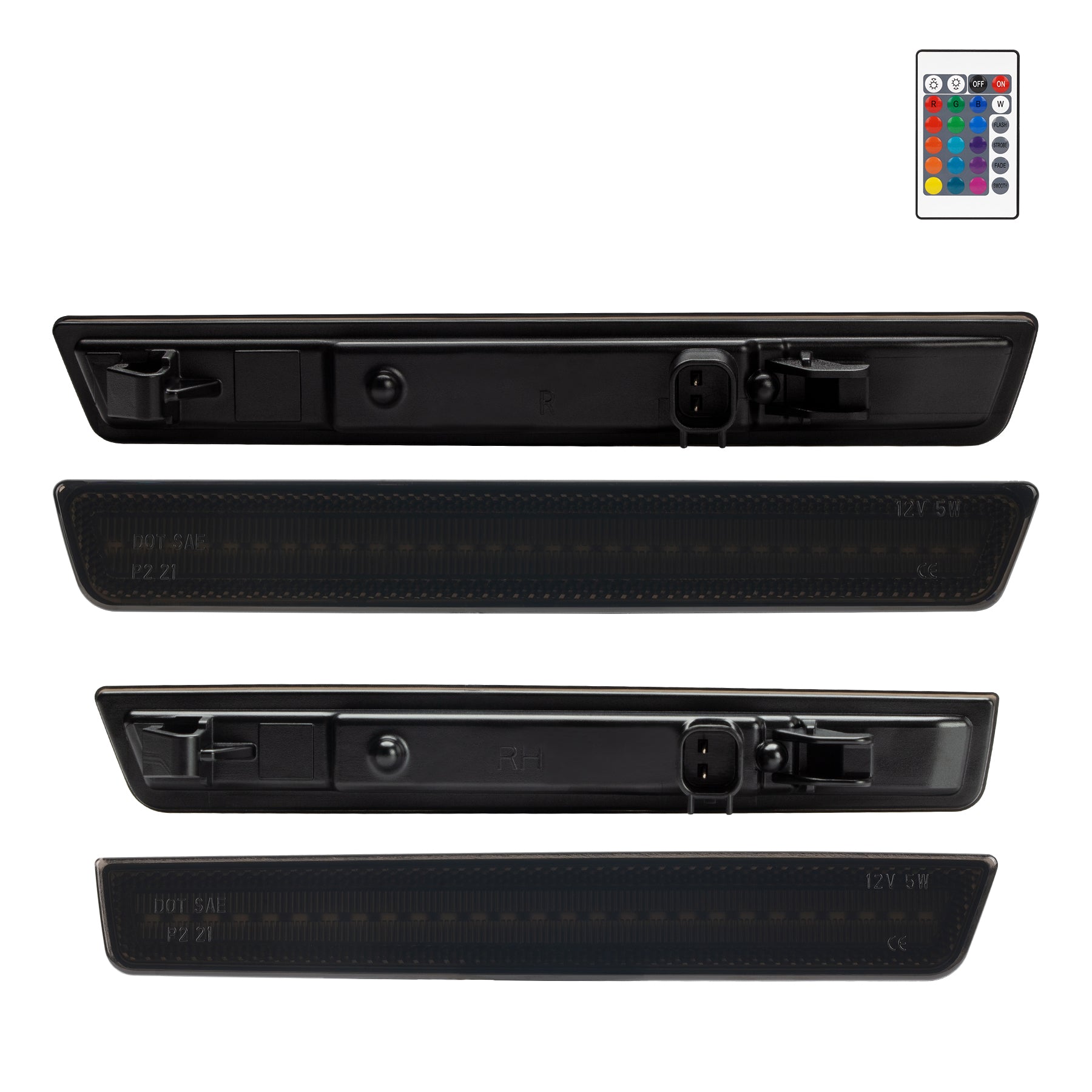 Set of black car backup cameras with a remote control on a white background