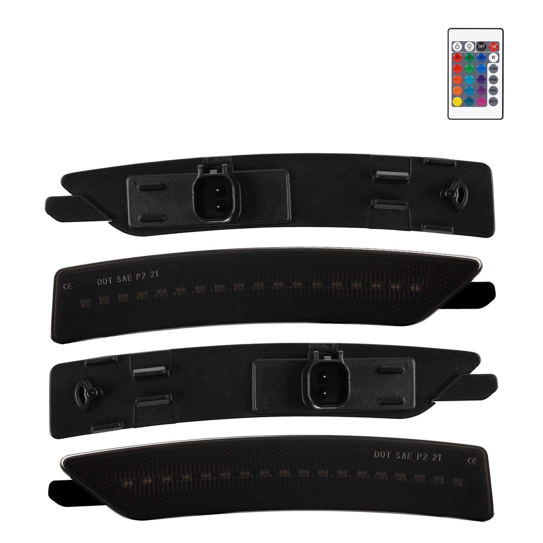 Set of black car license plate holders with remote control on a white background