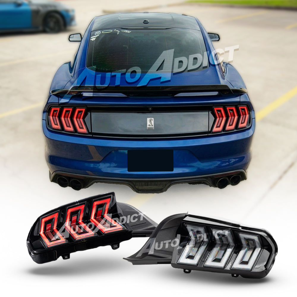 Rear angle shot of 2015-2023 Mustang S550 with Auto Addict USA Heritage-X™ animated taillight system