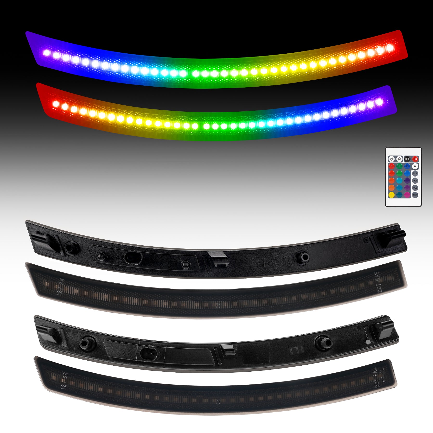 Set of LED strips with a remote control on a gradient background