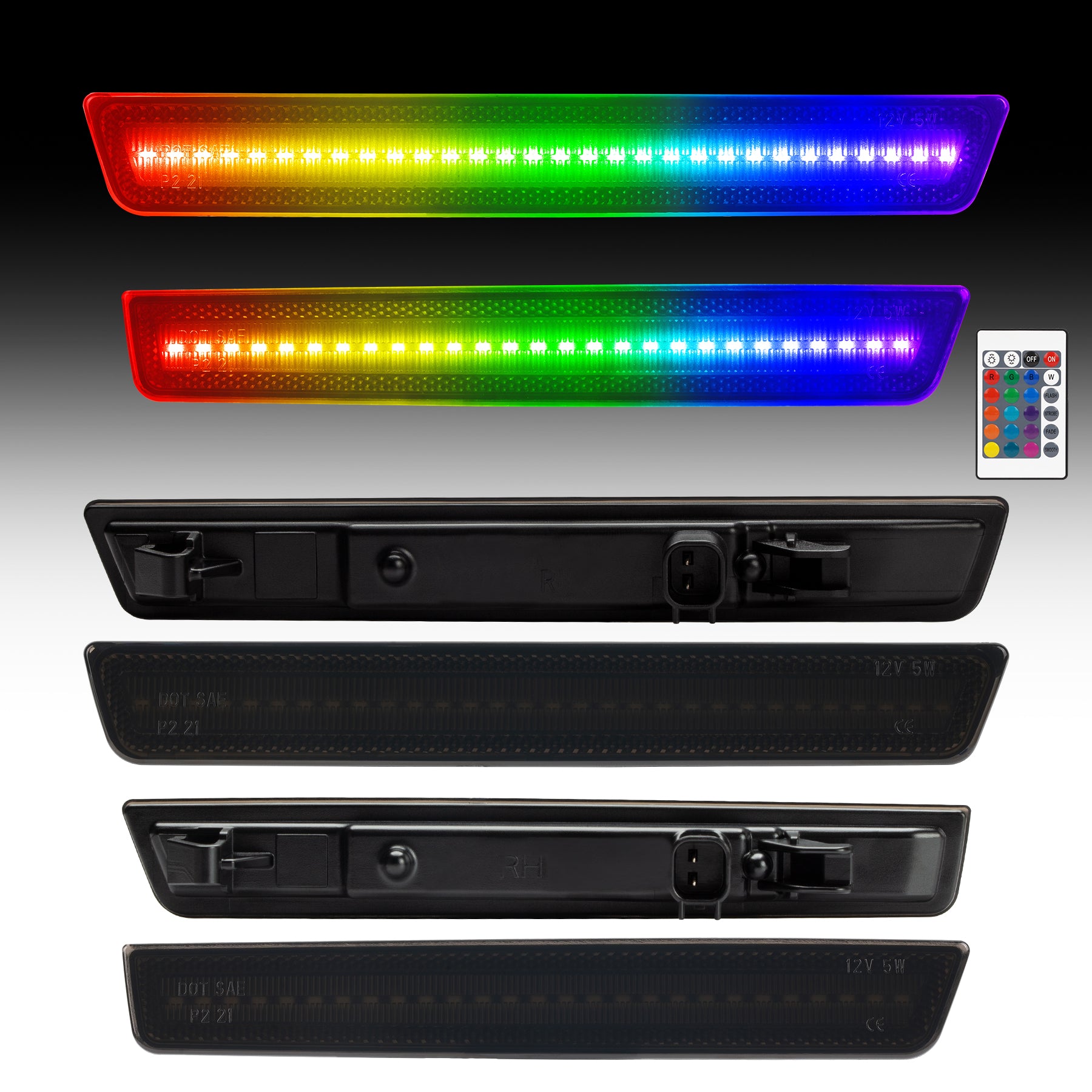 Set of LED strip lights in various colors with a remote control on a gradient background.