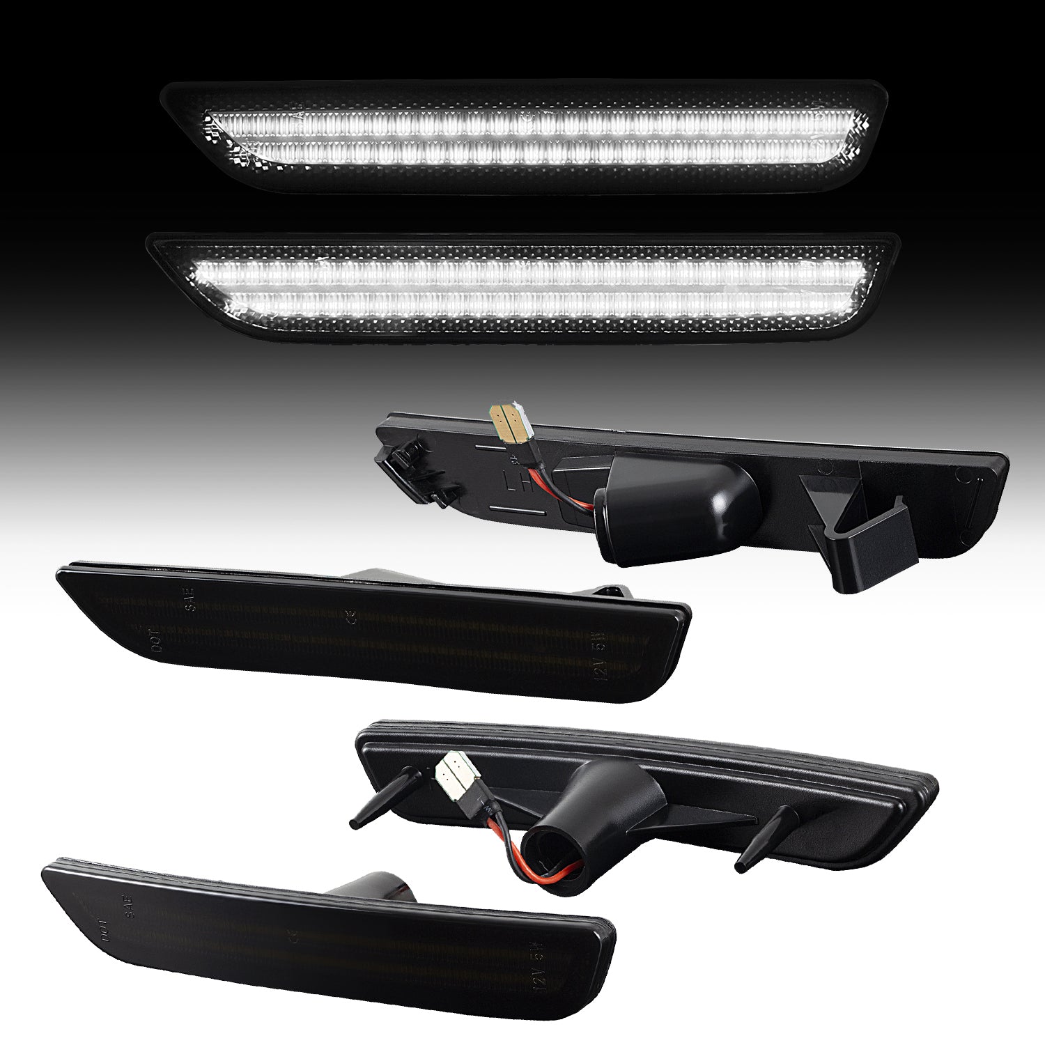 Set of car LED daytime running lights with connectors on a gradient background