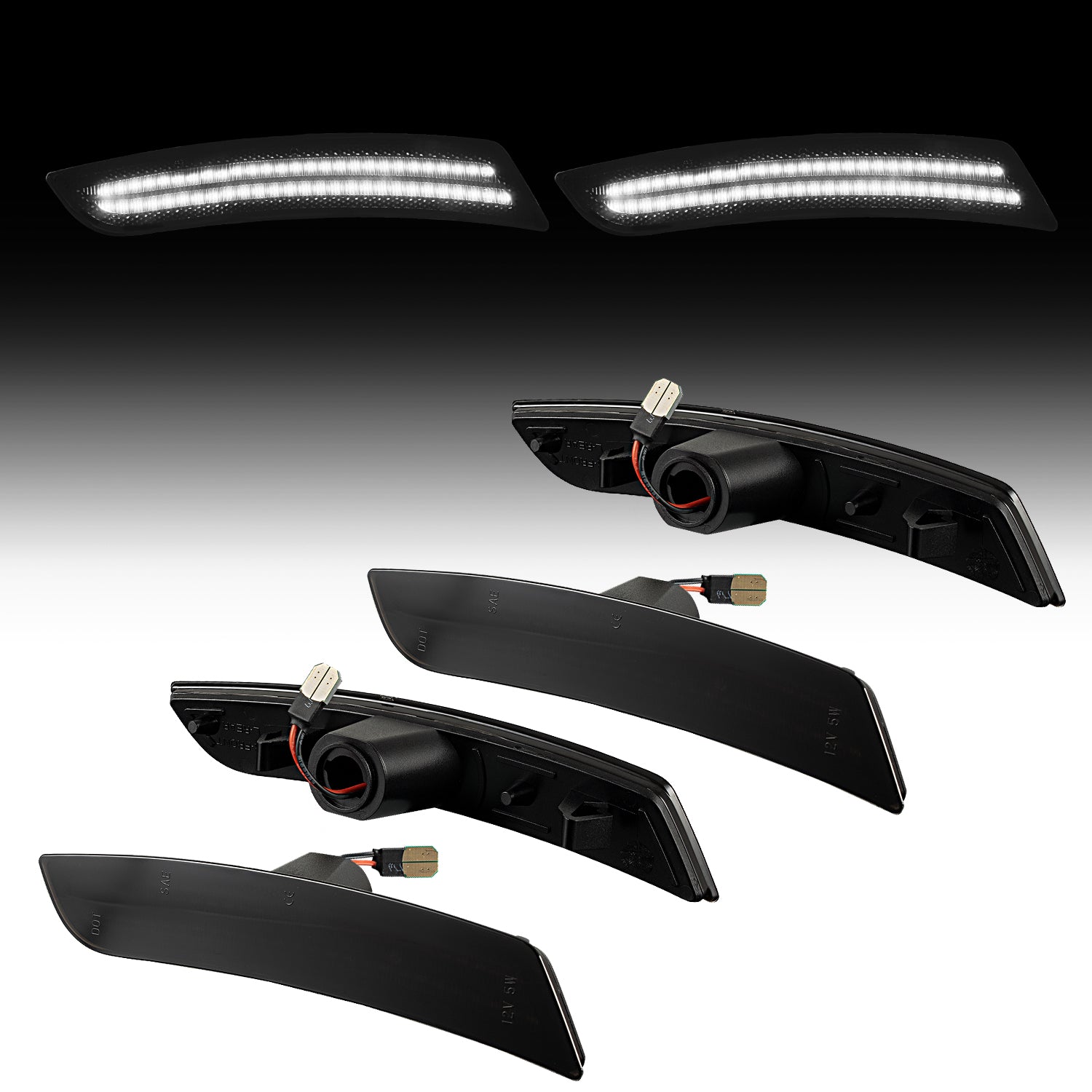 Set of car fog lights with LED daytime running lights on a gradient background