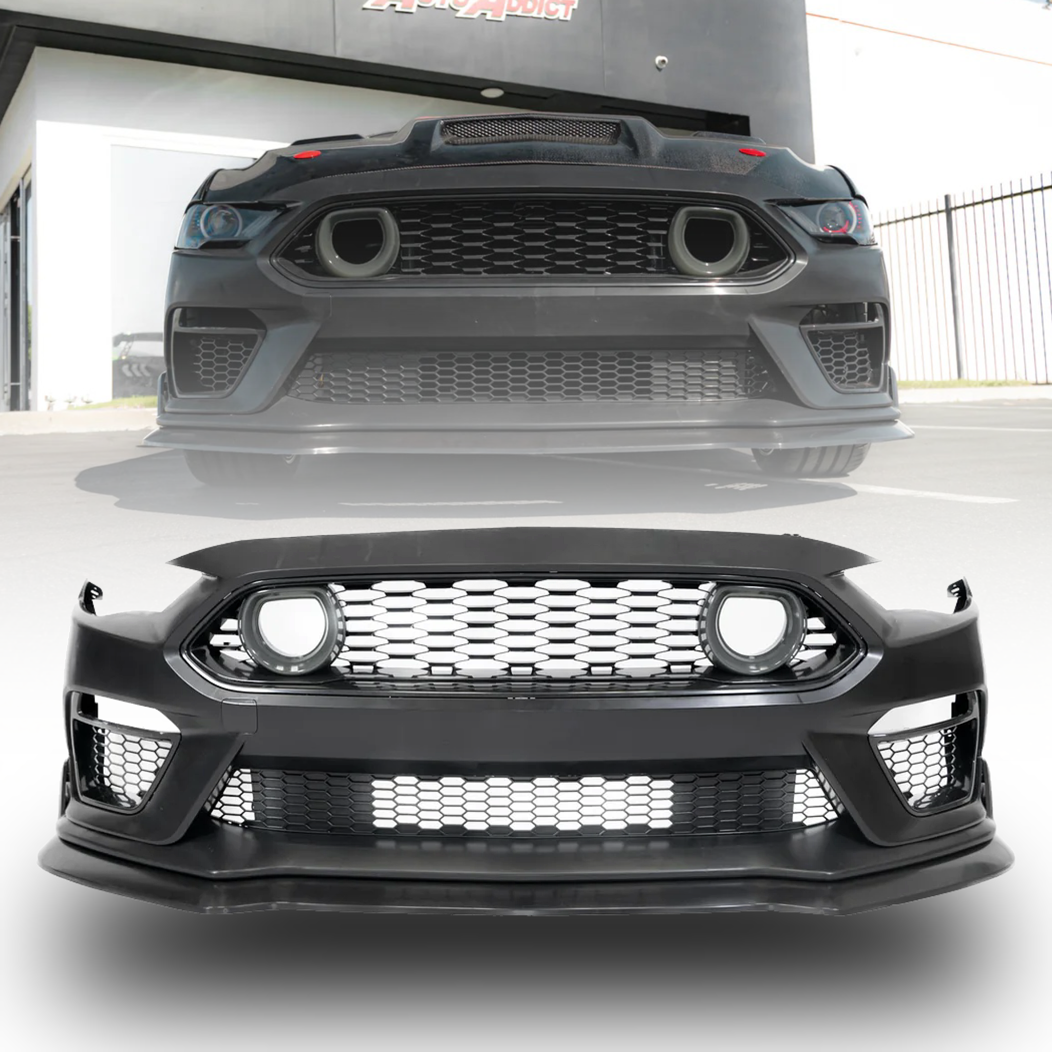 Kit de parachoques de conversión MACH1 para Ford Mustang 2018-2023 con luces LED DRL en la parrilla superior y señal de giro ámbar 