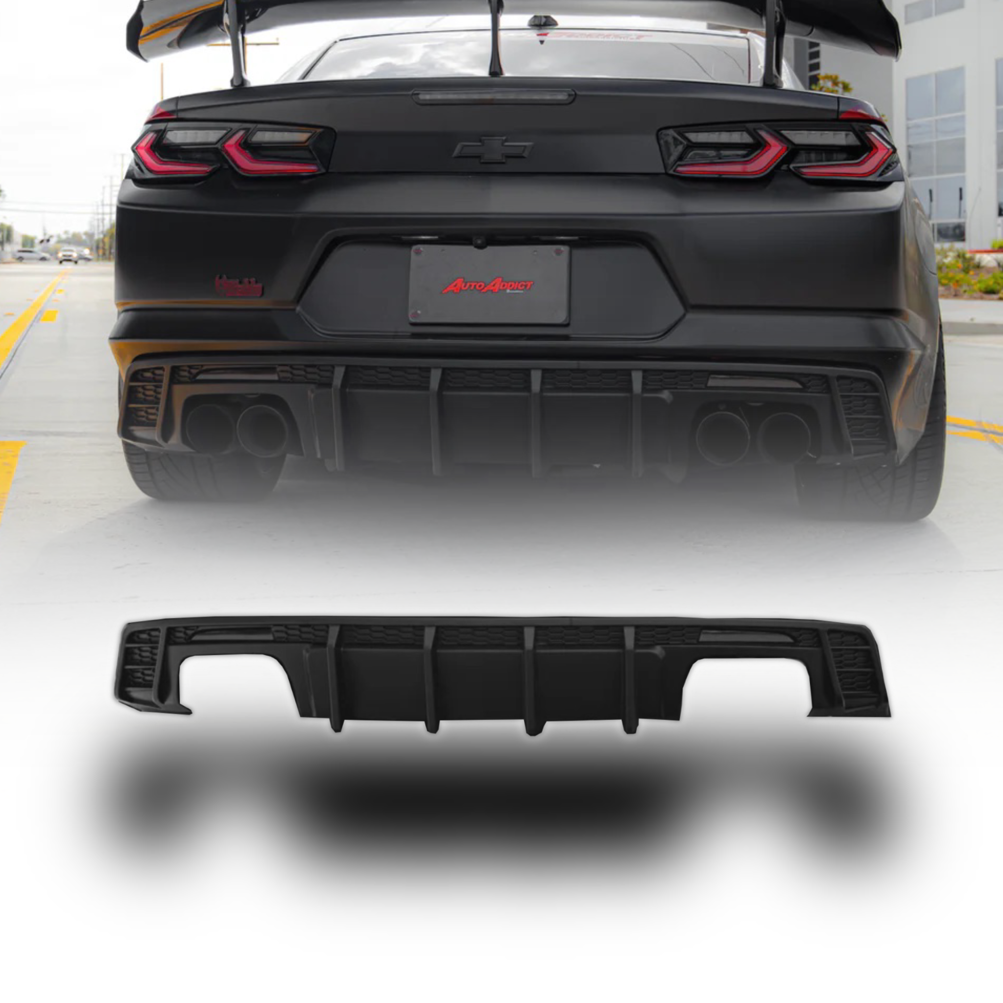 2016-2025 Chevy Camaro Evo Style Shark Fins Rear Diffuser Quad/Single Tips SS/RS/LT & ZL1 w/ Smoke Reflectors