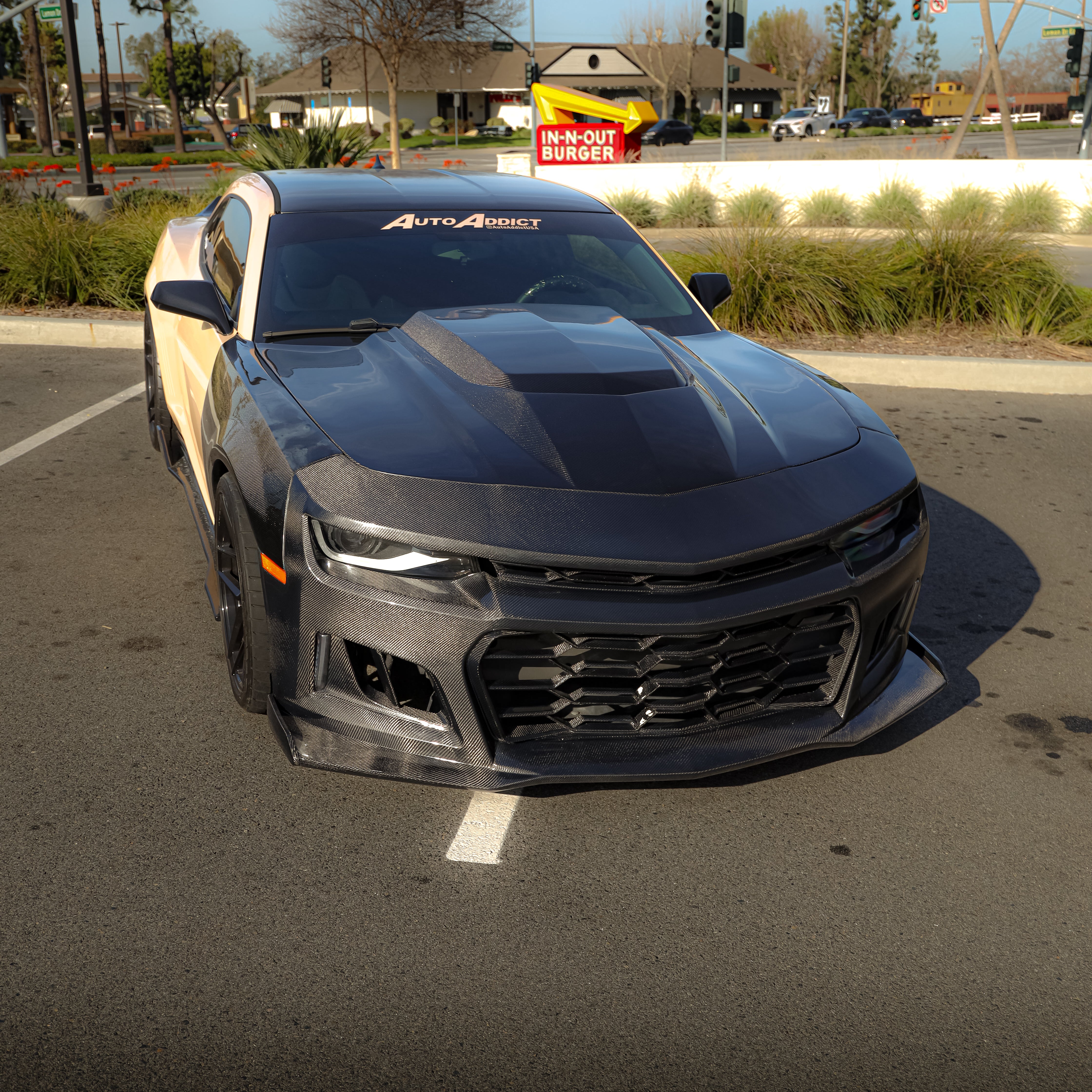 2010-2015 Chevy Camaro Black Panther 1PC Full Gloss Carbon Fiber Track Package Front Bumper Conversion