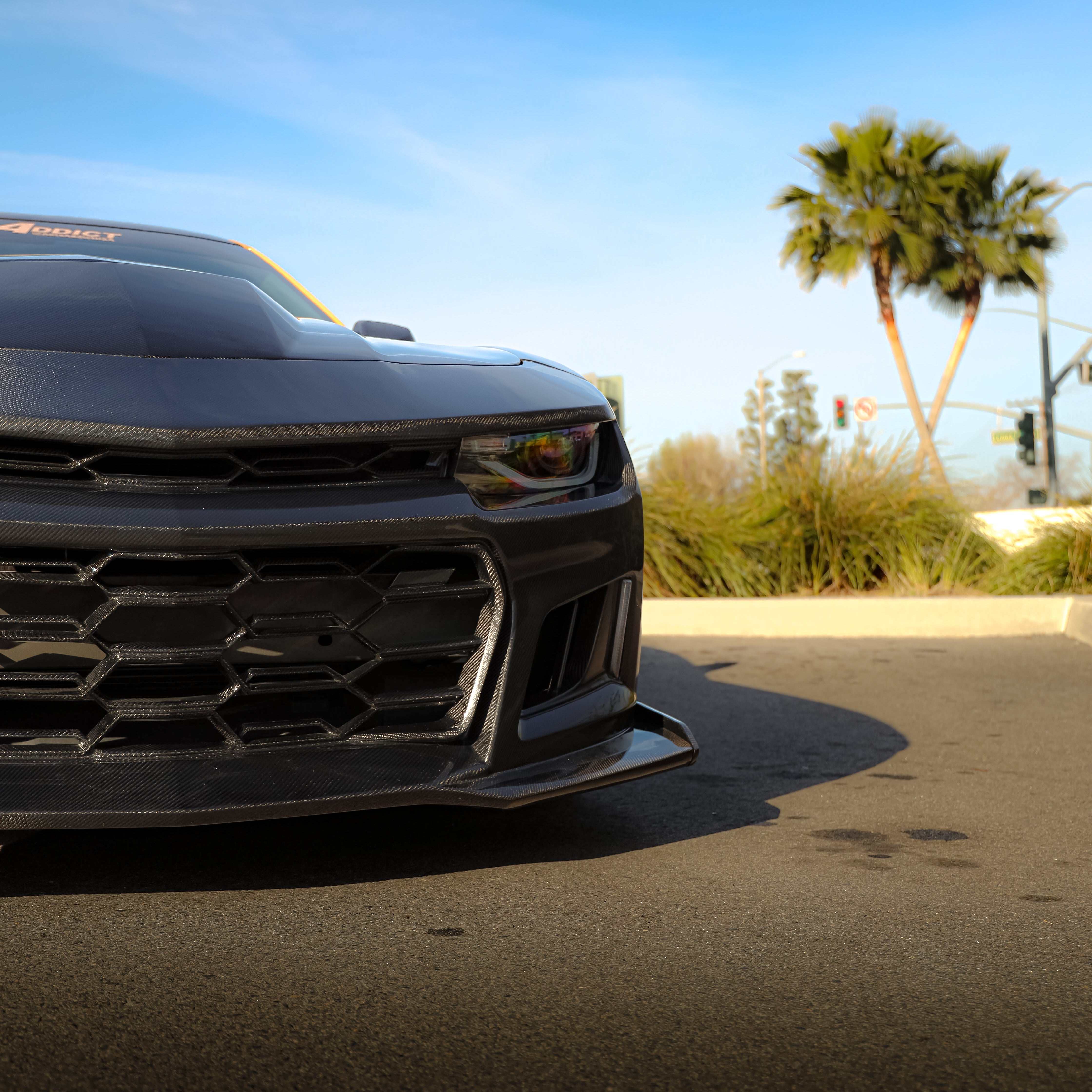 2010-2015 Chevy Camaro Black Panther 1PC Full Gloss Carbon Fiber Track Package Front Bumper Conversion