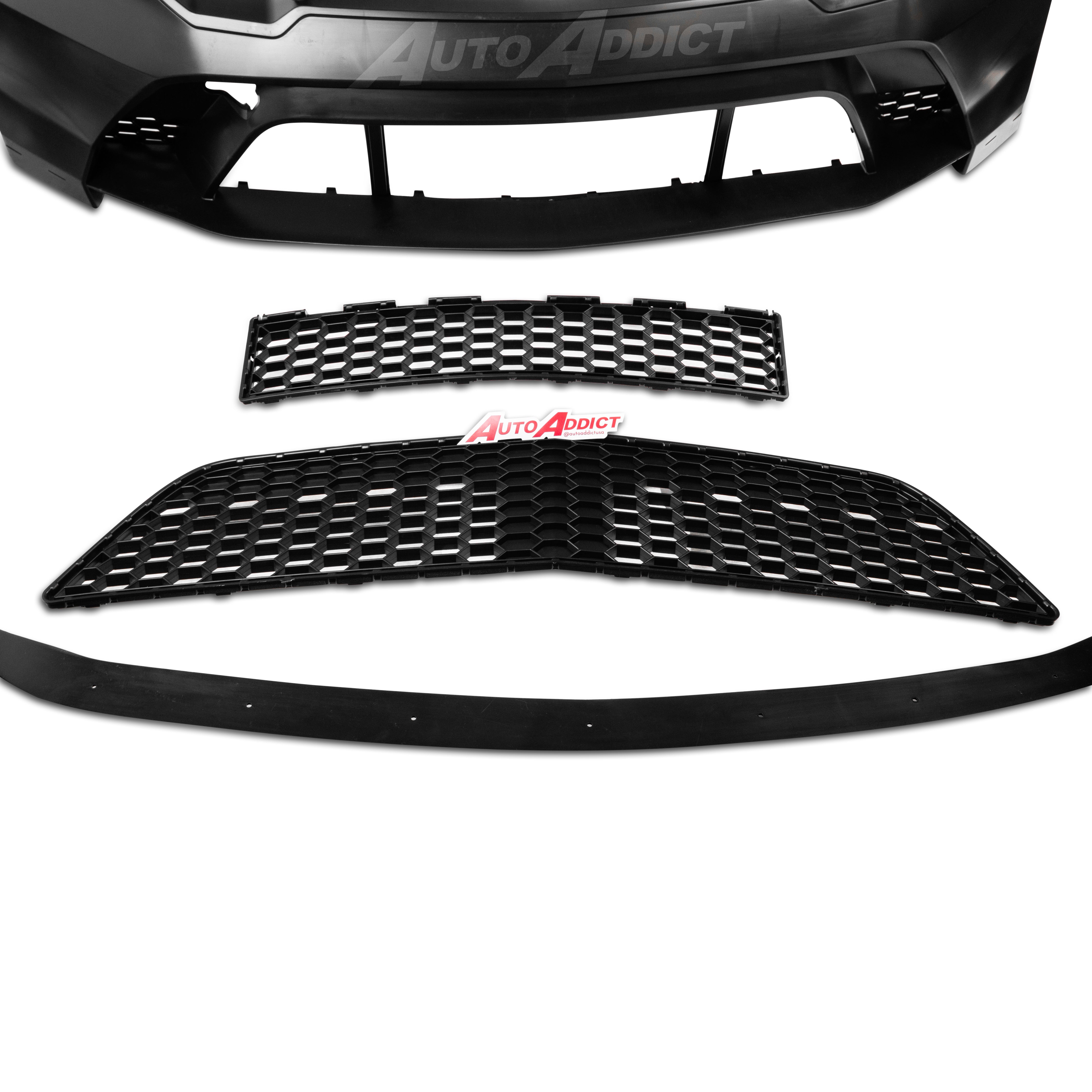 Car bumper and grille set with 'Auto Addict' branding on a white background