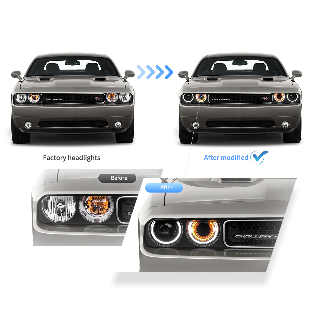 2008-2014 Dodge Challenger OEM Replica Headlights Projector LED Lights